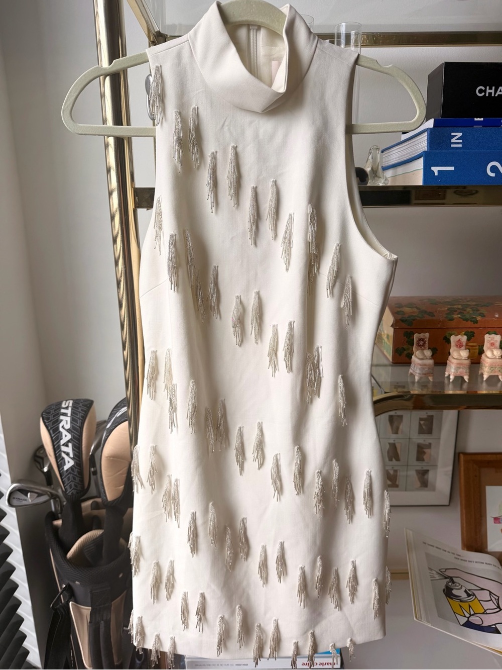 cinq a sept Ivory Beaded Fringe Mini Dress Bugle Micky